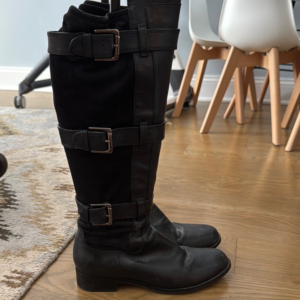 Black Leather Cole Haan Knee-High Boots with Buckles